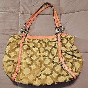 Coach Beige Shoulder Bag With Salmon Pink Leather Accents